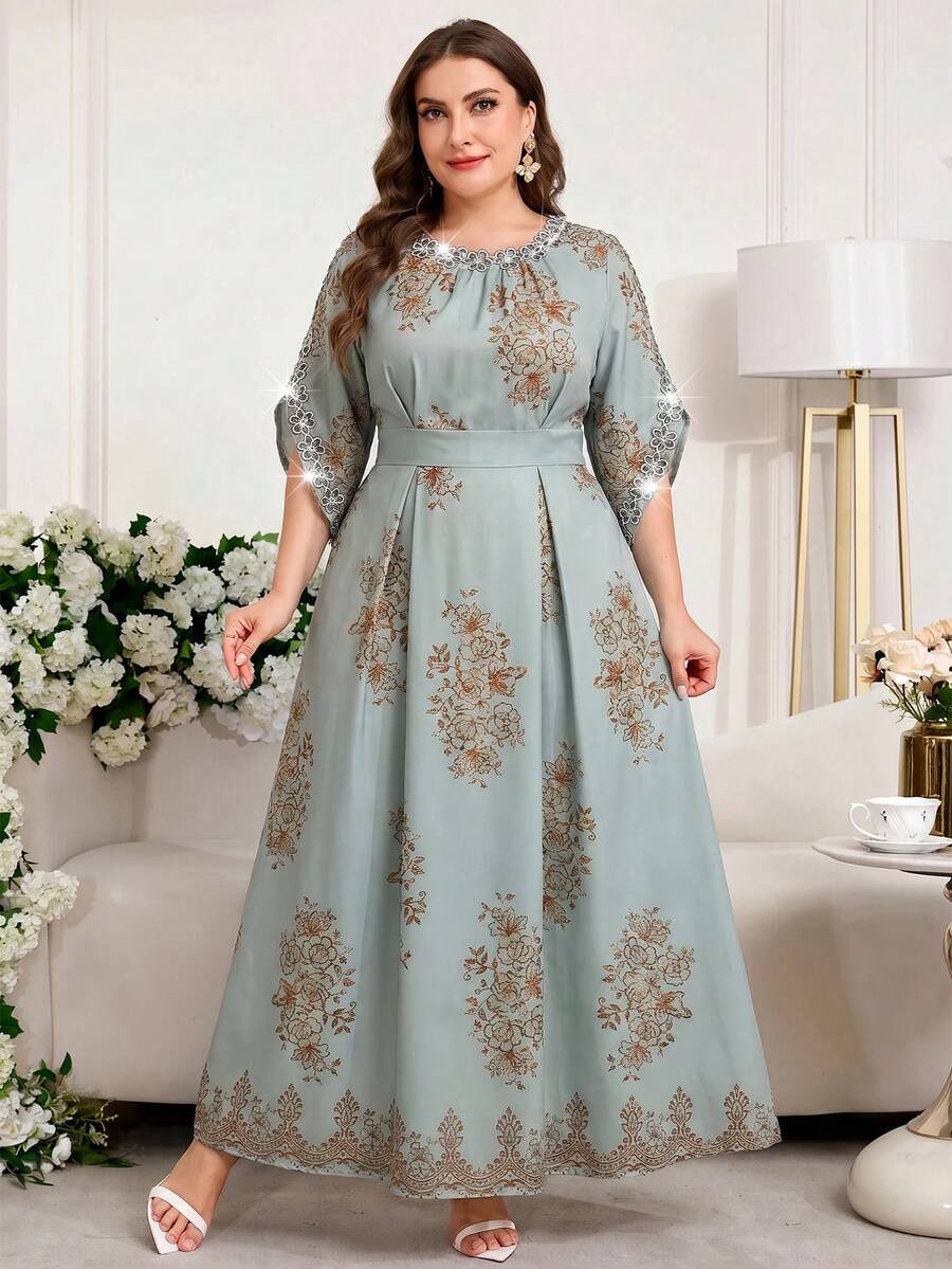 Reflora Plus Size Women's Floral Print Round Neck 3/4 Sleeve Elegant Dress Saudi National Day - Multicolor - View 1