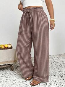 SHEIN Frenchy Plus Size Women's Drawstring Waist Striped Patchwork Casual Versatile Daily Outing Long Pants Fall - Coffee Brown - View 5