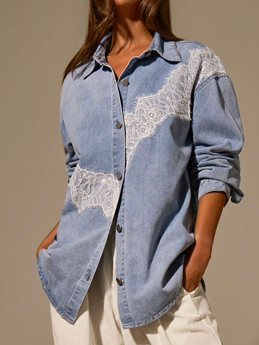 Athîral Denim 女款蕾絲拼接休閒牛仔上衣 - 淺色水洗藍 - 查看 1