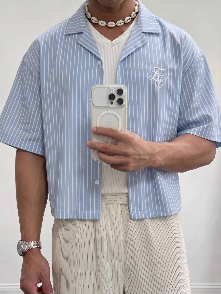 ESTAVOR Men's Patchwork Corduroy Short Sleeve Shirt, Spring/Summer,Holiday,Daily Wear Shirt, Cargo Short Shirt,Casual Versatile Daily Wear Short Sleeve Shirt - Blue - View 1