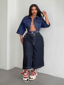 Jeanoix Y2K Plus Size Denim Jacket, Slim Fit Asymmetrical Cropped Jacket, Dark Blue Denim Jacket - Dark Wash - View 5