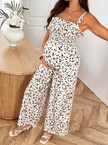 SHEIN Jumpsuit Hamil Bermotif dengan Kaki Lebar dan Fungsi Menyusui, Cocok untuk Dipakai Sehari-hari dan Liburan Musim Panas. - Krem - View 3
