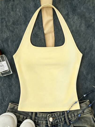 Tween Girls Yellow Long Casual Halter Neck Top, Slim Fit Tank Top Suitable For Summer