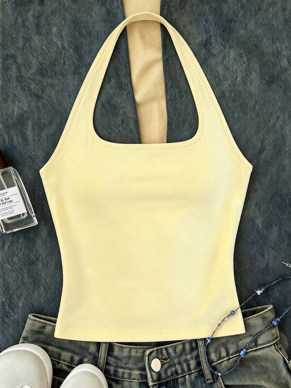 Tween Girls Yellow Long Casual Halter Neck Top, Slim Fit Tank Top Suitable For Summer