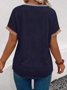 EMERY ROSE Fashionable New Vintage Casual Basic Crew Neck Rolled Cuff Navy Blue Contrast Color T-Shirt - Multicolor - View 2