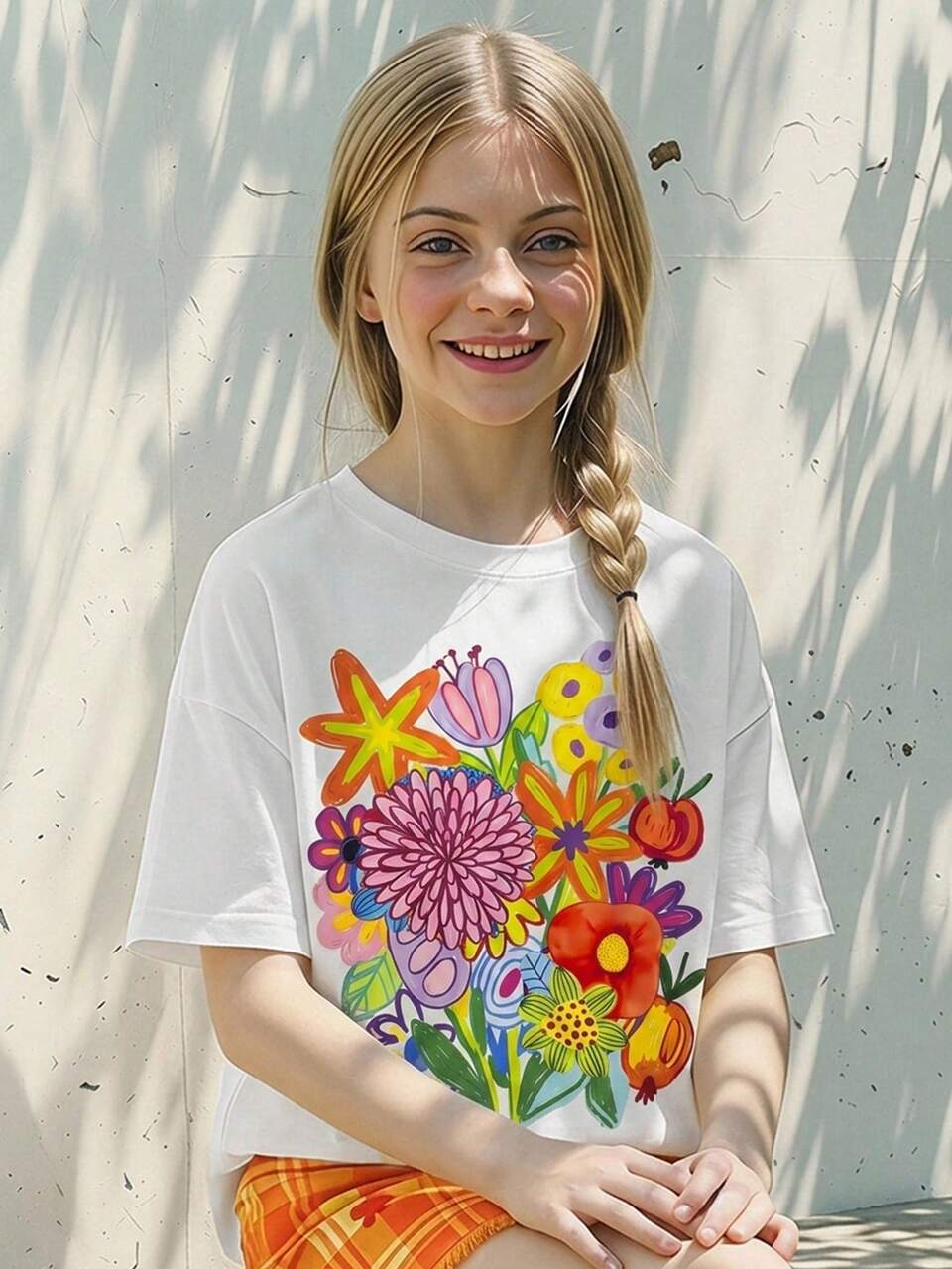 Girls' (Big) Floral Print Round Neck Pullover Loose T-Shirt