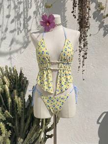 Swim Vcay Conjunto de Maiô Feminino de Duas Peças, Top de Banho Floral Sexy e Moderno com Contas e Costas Abertas, Calcinha de Maiô Bikini Triangular com Amarração Lateral, Novo Estilo Primavera/Verão - Multicolorido - Visão 5