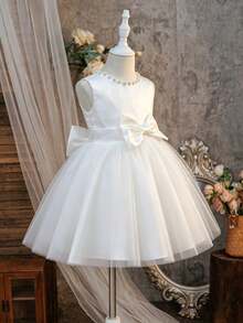 Glamorique Kids 四季女孩花童婚禮純白色洋裝，大蝴蝶結薄紗芭蕾裙，V領背 3D 花卉花童公主裙，生日派對禮服 - 白色 - 查看 4