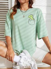 Sundraya Cartoon Graphic Drop Shoulder Tee Graphic Tees Women Tops - Green - View 5