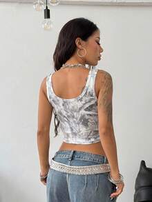 Coolane Conjunto de verano para mujer, atuendo para concierto, rave, festival, salida, feria renacentista, club, sexy Y2K, camiseta corta de punto acanalado blanco con cuello con muesca - Multicolor - Ver 6