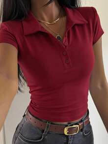 DAZY 女款領口短袖修身性感休閒套頭街頭風T恤 夏季 - 紅色 - 查看 3