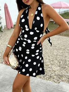 Cévolie Vacation Style Polka Dot Print Backless Halter Neck Mini Dress - Black and White - View 3
