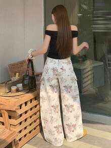 DAZY 女款花卉印花鈕扣寬鬆工裝休閒牛仔長褲 - 白色 - 查看 2