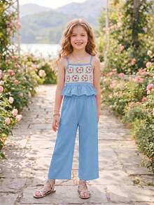 Emery Rose Kids Emery Rose Kids 少女花卉刺繡細肩帶背心上衣與長褲套裝 - 藍色 - 查看 12