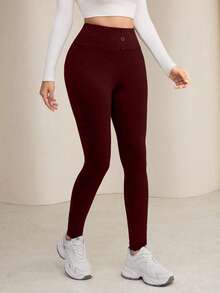 Modelyn Women's Waist Button Design Versatile Casual Comfortable Leggings - Burgundy - View 6