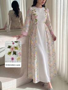 SHEIN Najma Đầm xòe bằng chiffon phối họa tiết hoa trang nhã, màu trơn, viền ren ở eo, khóa kéo, tay lỡ 3/4, chất liệu vải patchwork, dành cho nữ. - Nhiều màu - Xem 4