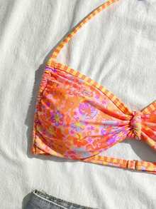 SHEIN Girls' Minimalist Print Halter Bikini Set - Multicolor - View 5