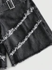 ROMWE MEN Men's Belt Washed Distressed Loose Denim Shorts - Black - View 5