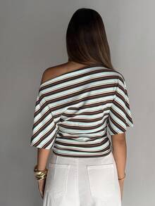 Aloruh Women's Striped Asymmetric Neck Loose Fit Ruched Waist Cinched Simple Basic T-Shirt - Multicolor - View 2