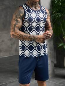 Manfinity Homme Conjunto de camiseta de tirantes y pantalones cortos con estampado geométrico integral casual y fresco para hombre, estilo de verano, vacaciones - Multicolor - Ver 4