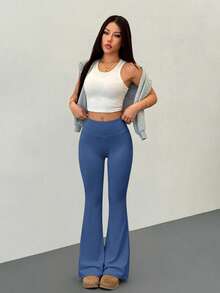 SHEIN PETITE Quần yoga nữ cạp cao co giãn kiểm soát bụng quần tập fitness - Xanh đậm - Xem 6