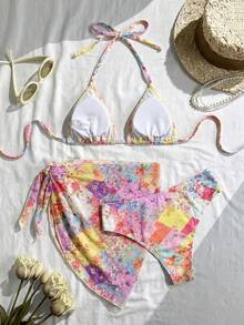 Costavie 女款海灘度假波點印花掛脖綁背性感比基尼三件套 - 彩色 - 查看 2