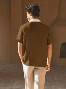 HIMLAND Men's Woven Fashion Casual Young Loose Short Sleeve POLO Shirt - Brown - View 5