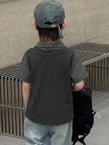 DAZY Young Boy Patchwork Plaid Short Sleeve 2 In 1 Casual Shirt - Grey - View 2