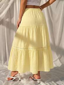 Modelyn Jupe décontractée pour femme style artistique français, design ajouré unique, patchwork de dentelle, coupe trapèze affinçante, jupe à volants - Jaune citron - Voir 8