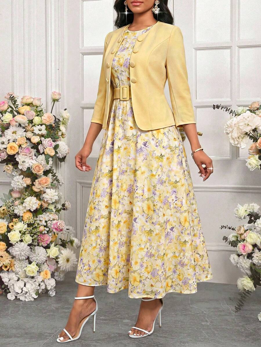 SHEIN Lady 優雅兩件式純色外套搭配長版印花女款黃色洋裝,四季皆宜 - 黃色 - 查看 1