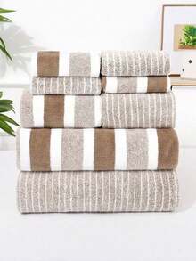 1 Set Handuk Mandi dan Handuk Cuci Wajah 8 Buah, Lembut Bergaris untuk Kamar Mandi Rumah dan Mencuci Wajah, Handuk Mandi dan Handuk Cepat Kering - MultiWarna - View 13