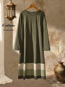 SHEIN LUNE Vestido longo de manga comprida com decote redondo e blocos de cor para mulher, primavera/outono - Verde - Ver 3