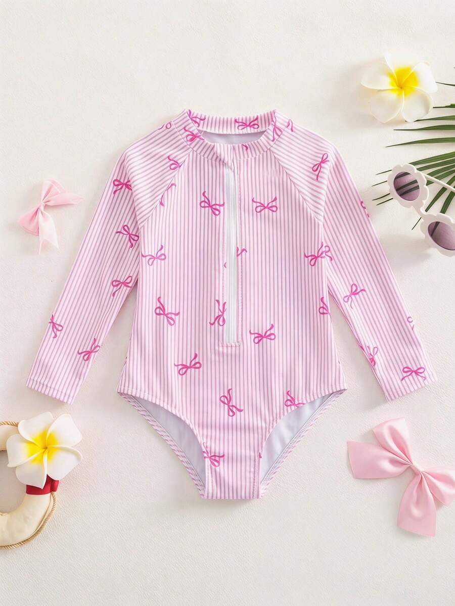 SHEIN Young Girl Stand Collar Raglan Sleeve One-Piece Butterfly Print Swimsuit Girl Butterfly & Striped Holiday One-Piece Swimsuit With Shorts,Zipper Front - Multicolor - View 1