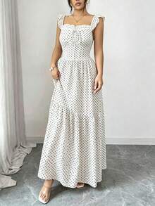 Rafferiza Women's Summer Polka Dot Print Waist-Cinched Dress Suitable For Daily Wear - White - View 5