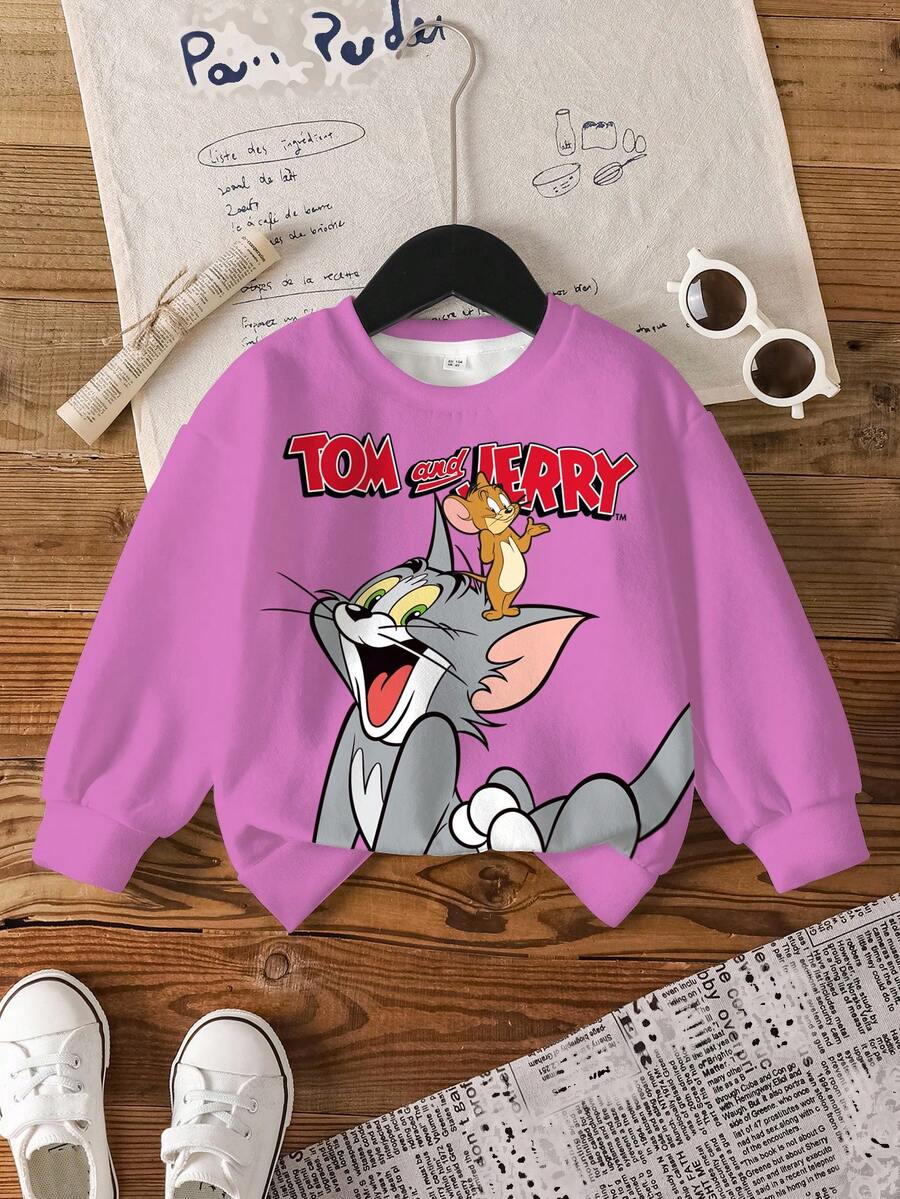 TOM & JERRY X SHEIN 少女卡通印花可愛圓領套頭長袖運動衫 - 白色 - 查看 1