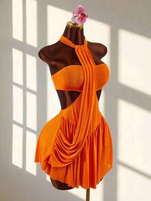 Amplova Sleeveless Draped Neck Bodycon Mini Dress - Orange - View 10