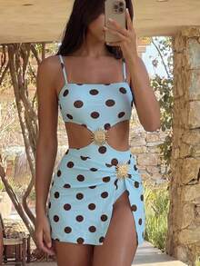 Swim Oasis Women's 2 Pieces Swimsuit Set With Polka Dot Print, Cutout Sunflower Skirt, Summer Holiday Beach Outfit - Multicolor - View 10