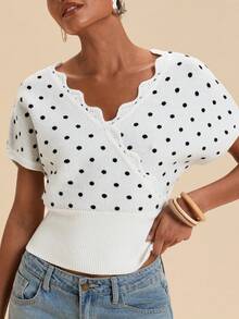 Travachic Damen Polka Punkt Muster V-Ausschnitt Kurzarm Strick Top - Schwarz und Weiss - Übersicht 11