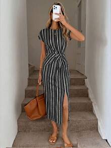 Easowa Printed Summer Casual Elegant Waist Twist High Slit Sleeveless Midi Dress Women's Casual Knit Textured Bodycon Dress Women's Birthday Outfit Women's Fitness Set Women's Wedding Guest Dress Women's Office Wear - Multicolor - View 6