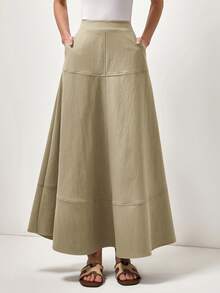 Briarwyn Elegant Solid Color High Waist Patchwork Flared Skirt Structure Commuter Casual Light Retro Daily Travel Workplace Office Women's Long Skirt - Khaki - View 5
