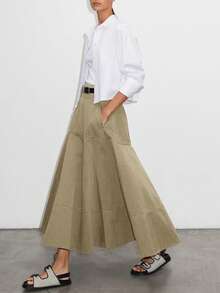 Briarwyn Elegant Solid Color High Waist Patchwork Flared Skirt Structure Commuter Casual Light Retro Daily Travel Workplace Office Women's Long Skirt - Khaki - View 1