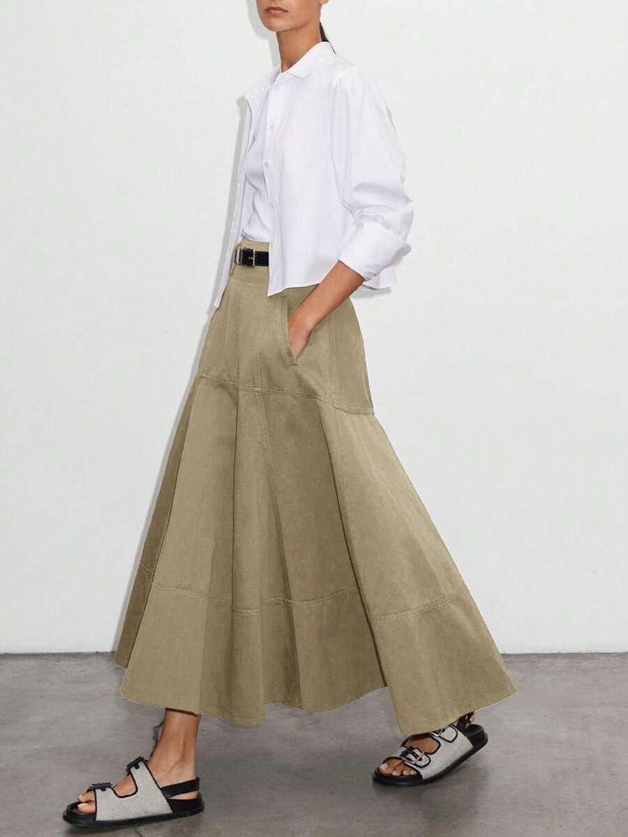Briarwyn Elegant Solid Color High Waist Patchwork Flared Skirt Structure Commuter Casual Light Retro Daily Travel Workplace Office Women's Long Skirt - Khaki - View 1