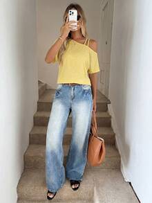 Easowa Casual Knit Asymmetrical Shoulder Double Strap Slanted Shoulder Women's T-Shirt Vacation Yellow Summer - Yellow - View 7