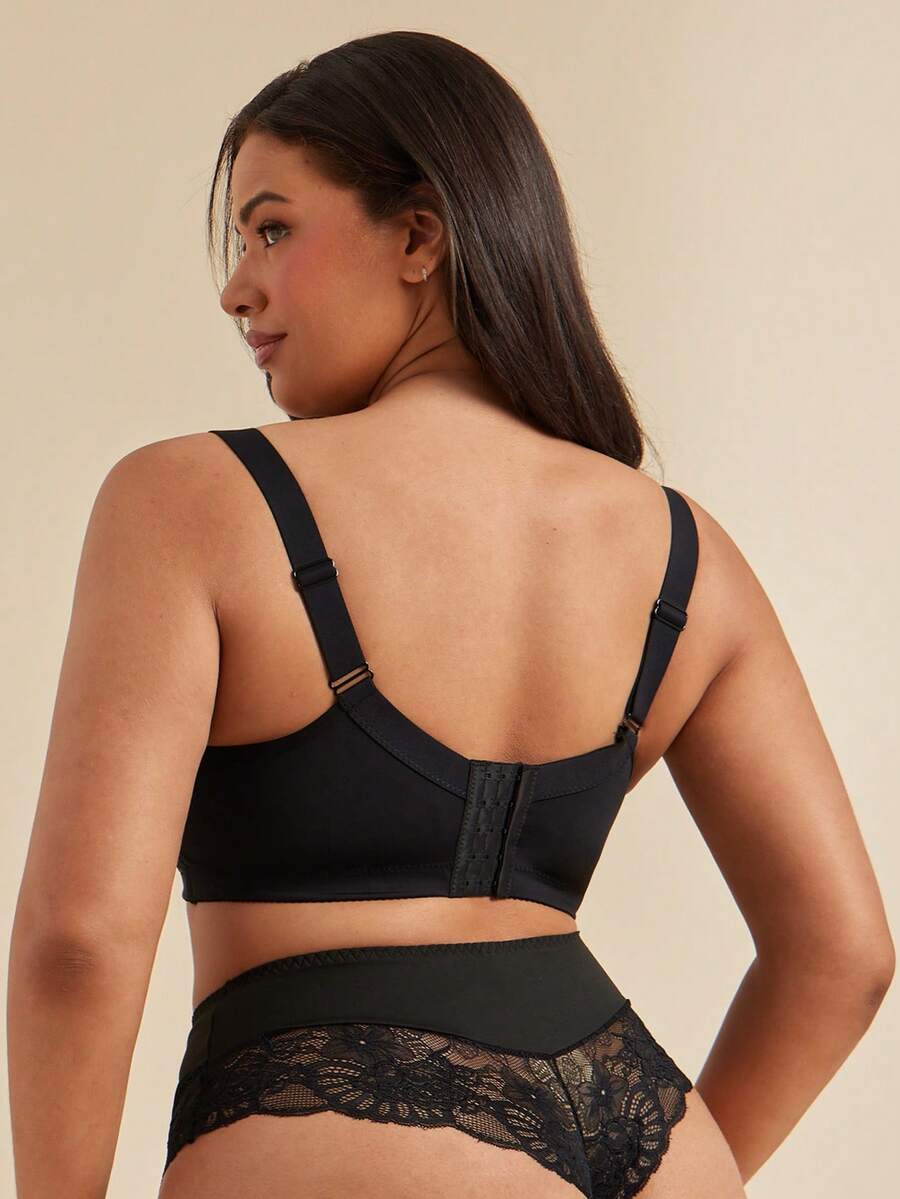 SHEIN BAE CURVE 1 件大码纯色撞色蕾丝内裤内衣 - 黑色 - 查看 1