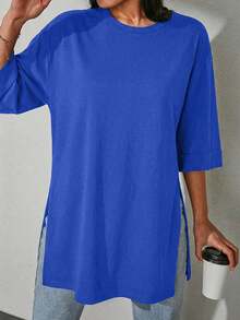 EURMUSE Drop Shoulder Split Hem Tee - Blue - View 3