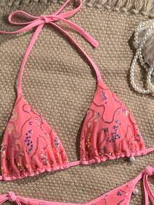 Costavie Set 2 Potong untuk Liburan Musim Semi/Panas, Bra Segitiga Berpayet Warna-warni dari Kain Khusus dan Bawahan Bikini dengan Tali Samping, Set Bikini Seksi - Watermelon Pink - View 6