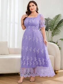SHEIN Clasi Plus Size Summer Elegant Solid Color Lace Dress - Purple - View 5