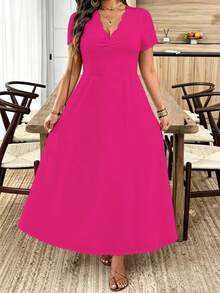 Breezaya Vestido largo de moda para ir al trabajo con cuello ondulado para mujer de talla grande - Rosa Fucsia - Ver 3