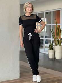 EMERY ROSE Conjunto de top de manga corta con malla de contraste y pantalones para mujeres de mediana edad y mayores - Negro - Ver 6