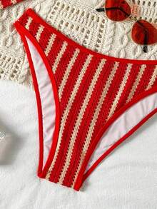Swim Mod Women's 2 Pieces Swimsuit Set, Special Fabric Patchwork, Spaghetti Strap, Backless, Summer Holiday Vacation Beach Outfit Red Stripe Tropical - Multicolor - View 4